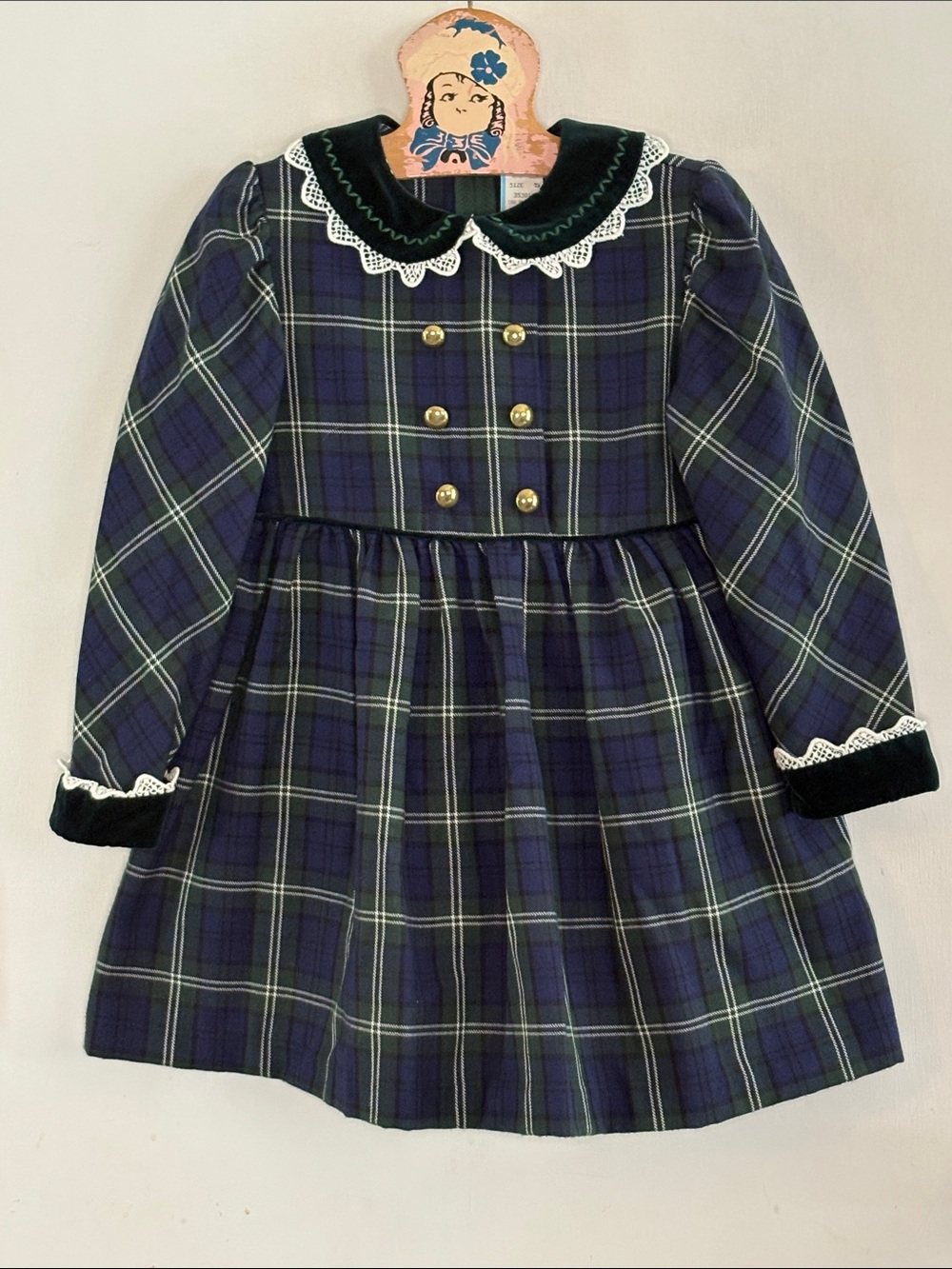 Vintage navy hunter green dress velvet lace trimmed collar & cuffs Size 5